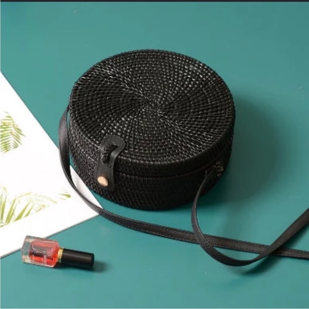 Bohme Black Woven Rattan Round Crossbody Bag with Leather Strap
